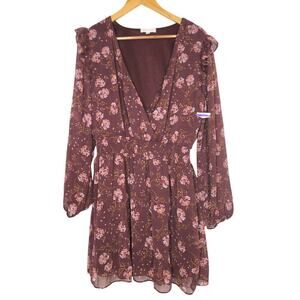 Socialite Dress Floral Boho Smocked Waist Long Sleeve Mini Burgundy Red Large